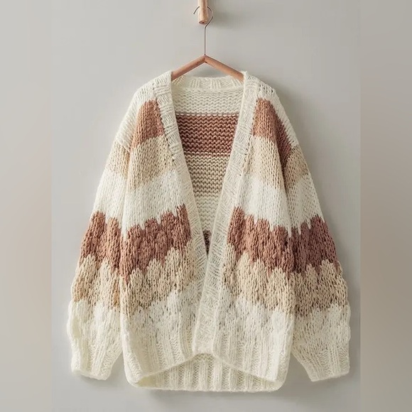 Sweaters - Crocheted Ivory tan and cream cozy oversized open cardigan - s/m & m/l